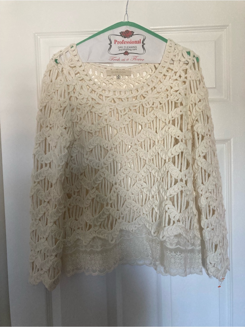Everleigh Cream Open Knit Crochet Lace Sweater, Size Medium